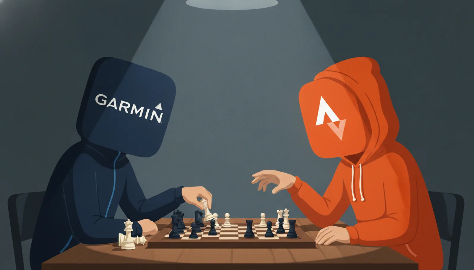 Illustration of Garmin and Strava playing chess: a figure with a navy Garmin logo head calmly moves a piece while a figure with an orange Strava logo head hesitates, a captured white queen on Garmin's side.